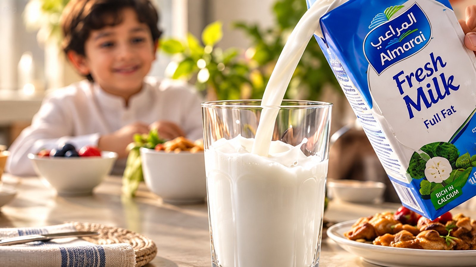 Almarai — Fresh milk at breakfast — clean film frame
