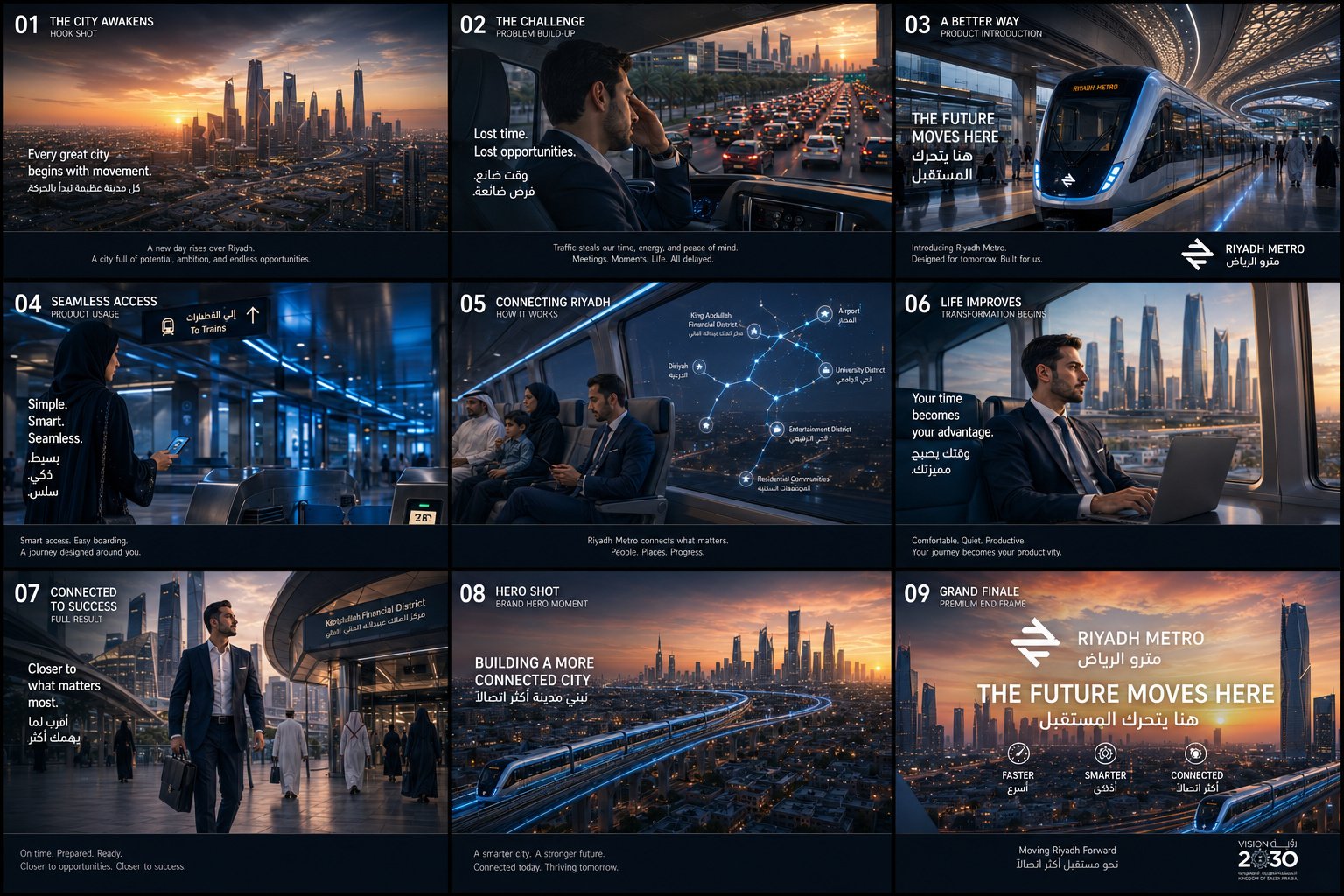 Riyadh Metro nine-frame campaign storyboard