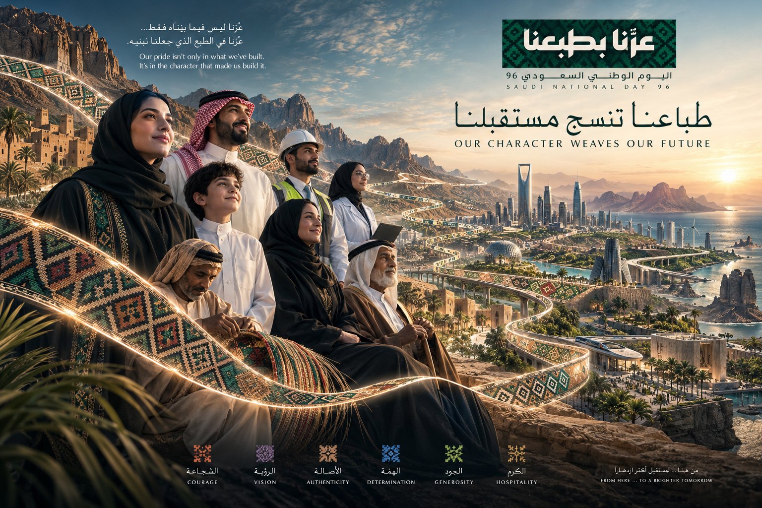 Saudi National Day A Story Woven Forward master key visual with six woven ribbons