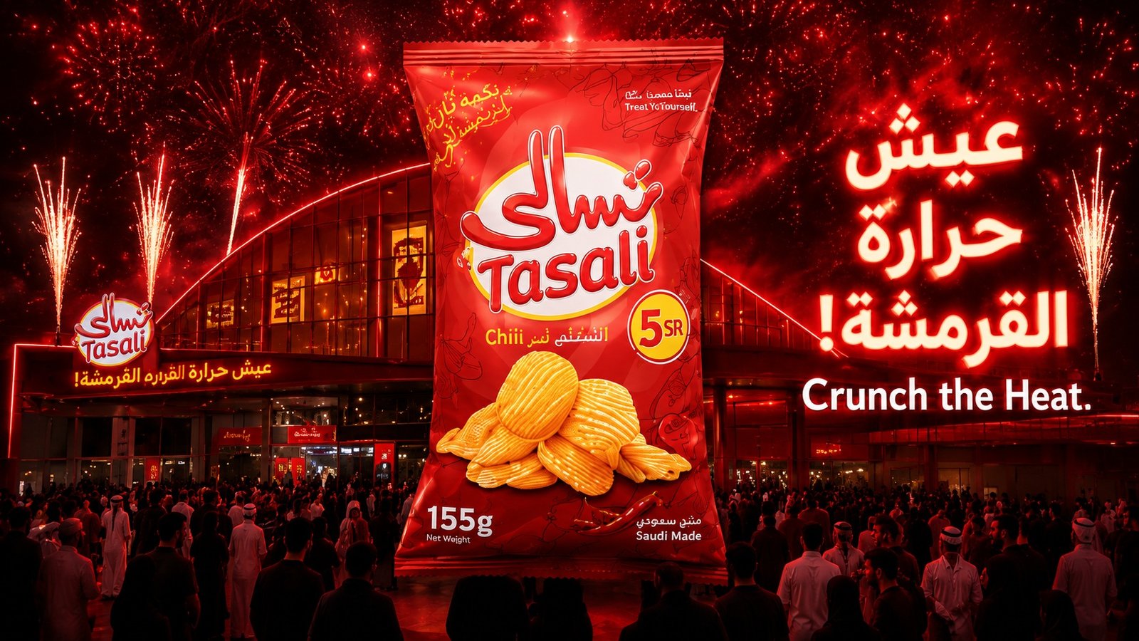 Tasali Chilli Chips — Crunch the Heat — red pack and golden chips in the proposed event world